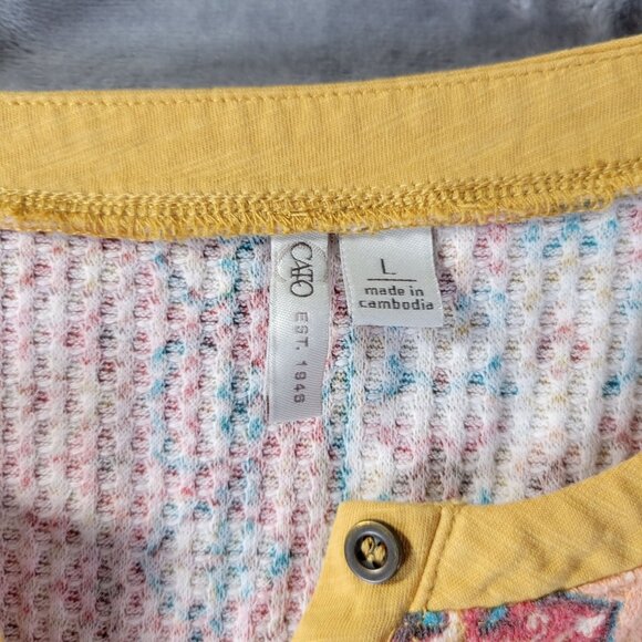 Cato Womens Patchwork Henley Top L Multicolor Boho Festival Casual Raglan Sleeve - Picture 2 of 9